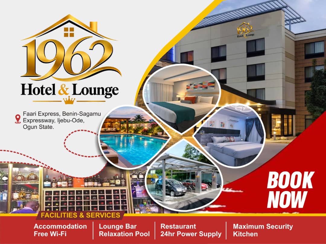 1962 Hotel promotional flyer showing its building, rooms, pool and lounge